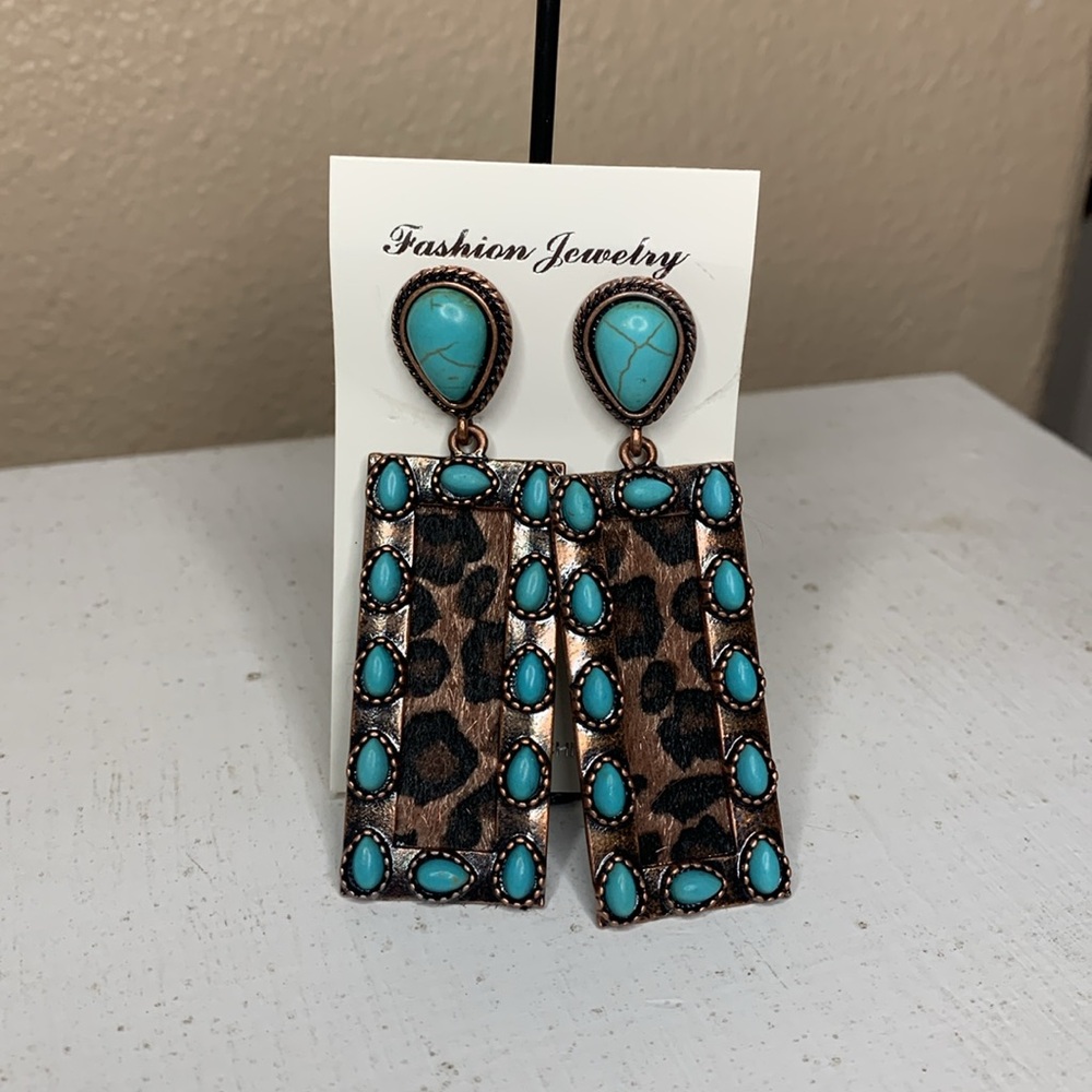 Turquoise Teardrop & Leopard Panel Statement Earrings - Fashion Jewelry